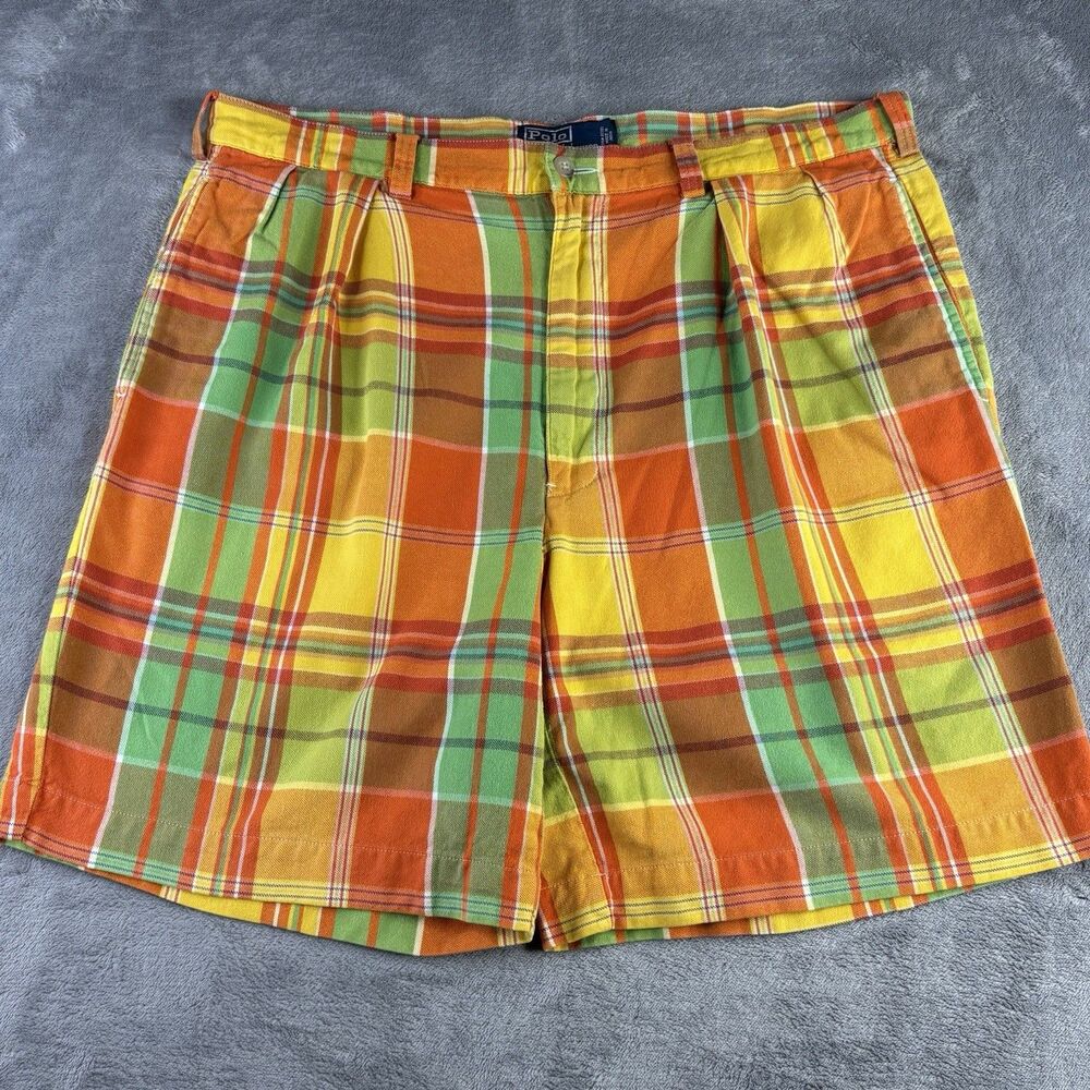 Polo Ralph Lauren Shorts Mens 36 Tyler Orange Green Loud Plaid Preppy Pleated‎